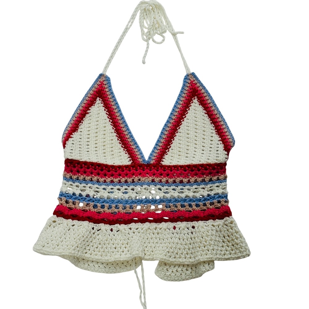 Full Tilt Womens Large Crochet Halter Top Cream Red Blue Striped Boho Hippie 90s